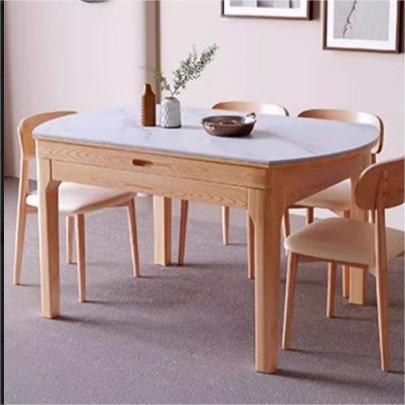 Extendable Round Ash Wood Dining Table with Sintered Stone Top for 6-8 Person fmbs-007