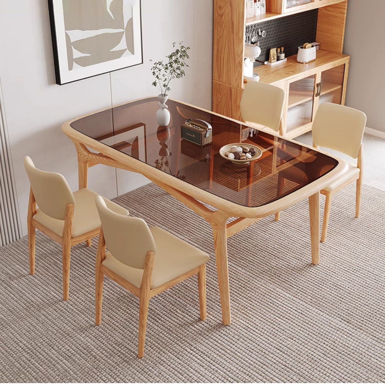 Modern Rectangular Ash Wood Dining Table with Glass Top for 6  fmbs-014