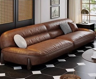 Luxurious Light Brown Leather Sofa with Pine Wood Frame & Goose Down Filling Cushions hzh-1364