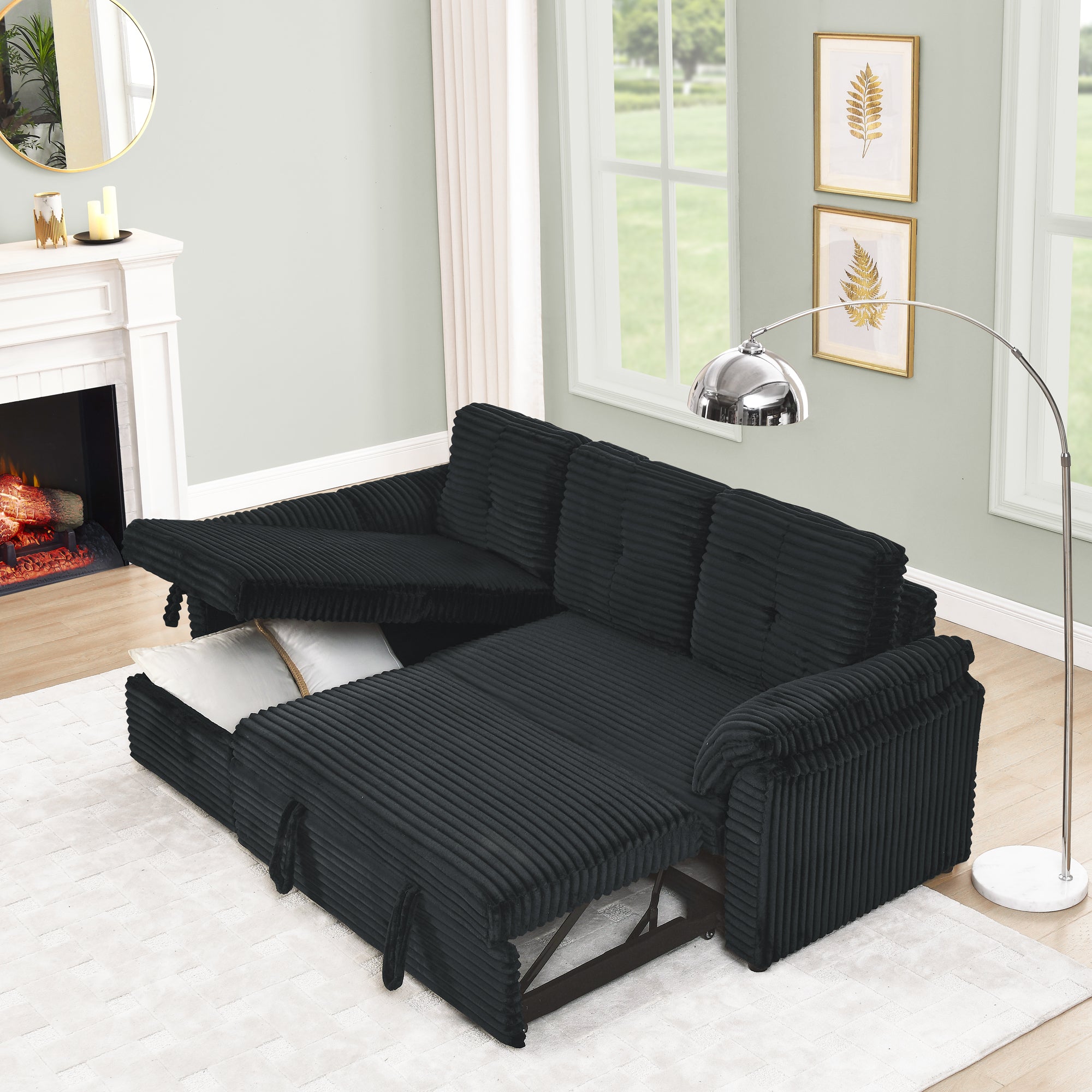 Corduroy Tufted Upholstered Sleeper Sectional Sofa, L-Shaped Modular Convertible Sofa with Reversible Storage Chaise, Pull Out Sleep Couch Bed and Reclining Backrest Perfect for Living Space, Black