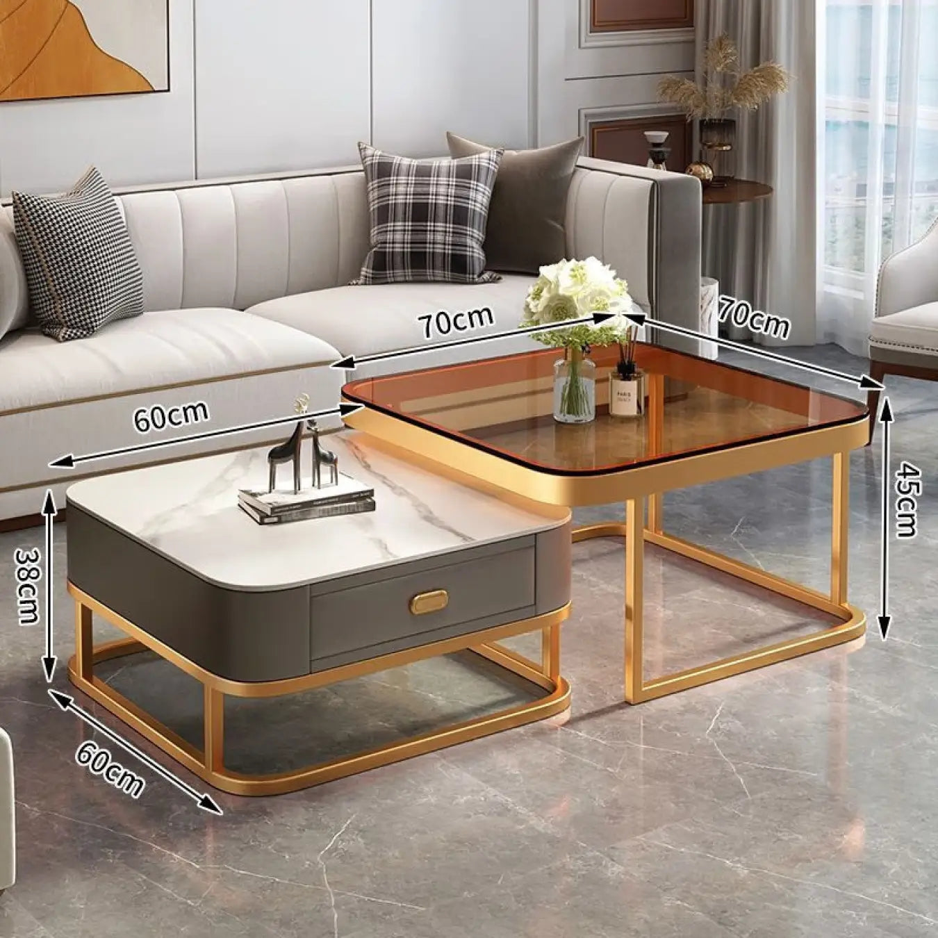 2-Pieces Square Coffee Table with Sintered Stone Top and Drawer Storage for LIvingroom frg-499