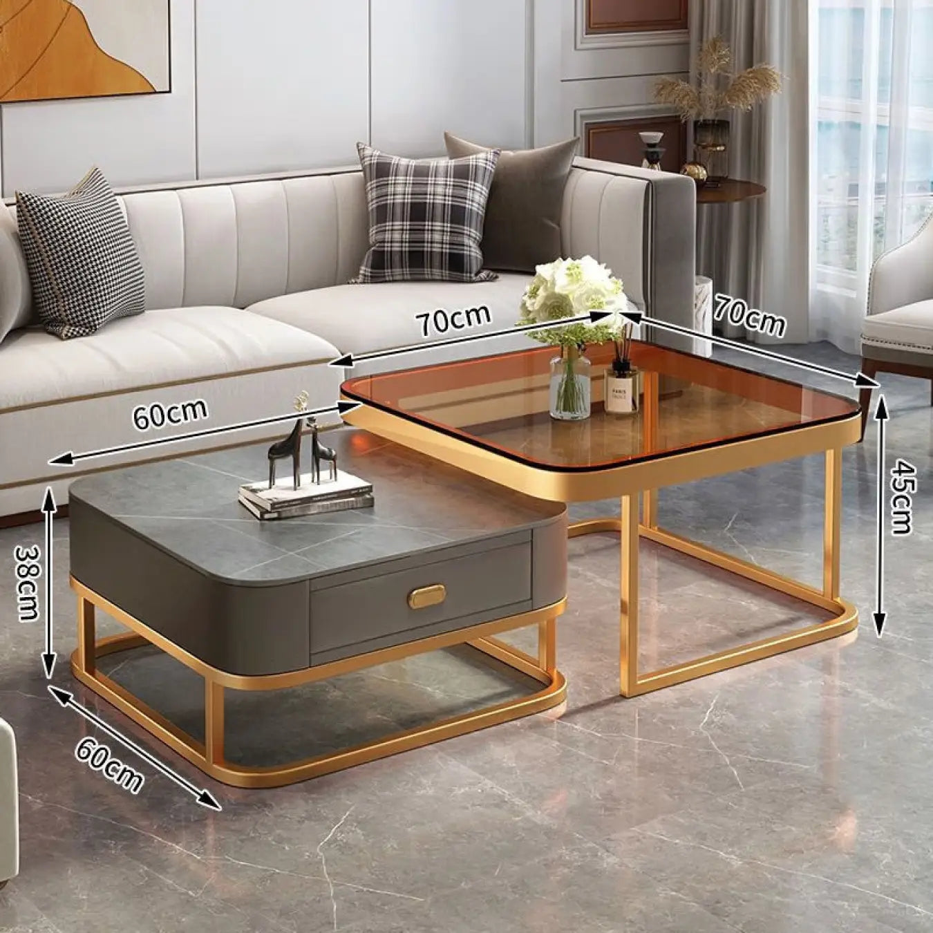 2-Pieces Square Coffee Table with Sintered Stone Top and Drawer Storage for LIvingroom frg-499