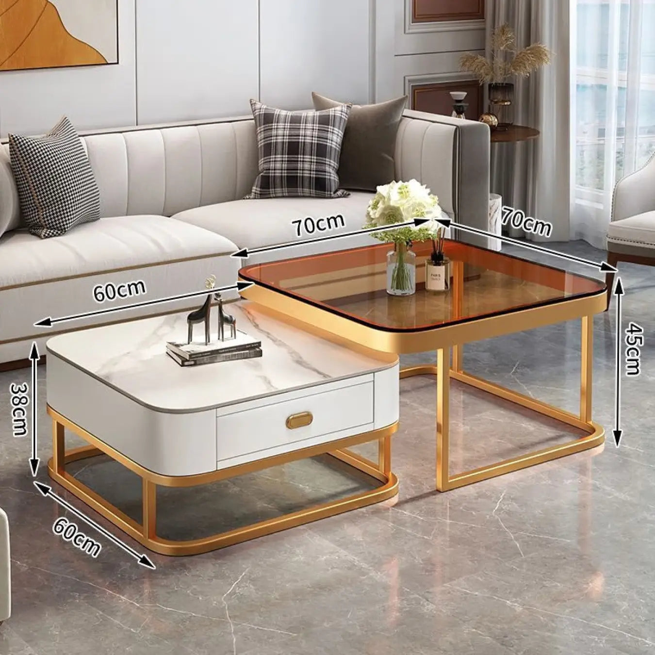 2-Pieces Square Coffee Table with Sintered Stone Top and Drawer Storage for LIvingroom frg-499