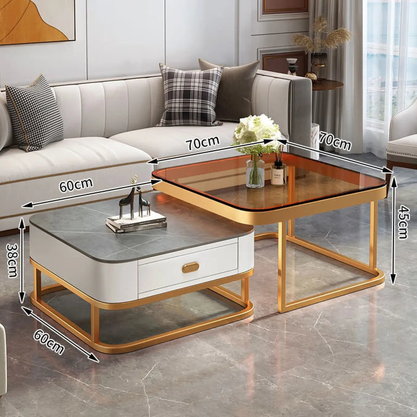 2-Pieces Square Coffee Table with Sintered Stone Top and Drawer Storage for LIvingroom frg-499