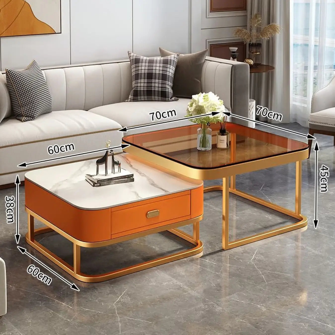 2-Pieces Square Coffee Table with Sintered Stone Top and Drawer Storage for LIvingroom frg-499