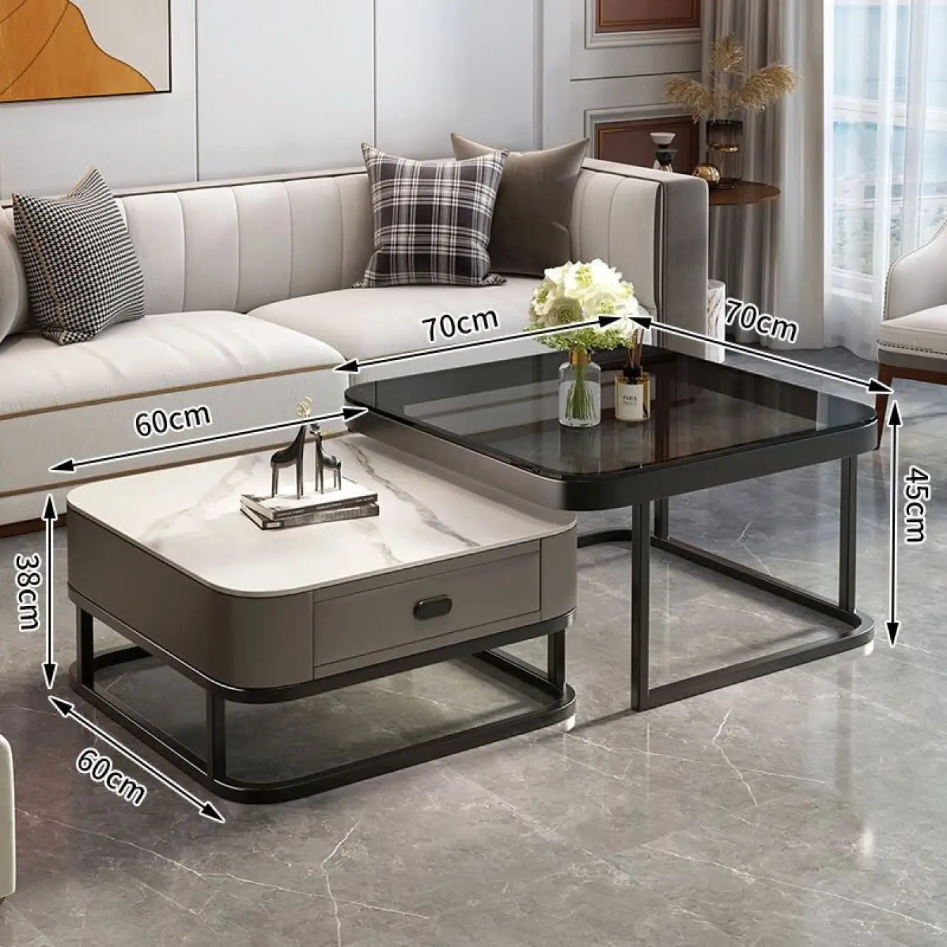 2-Pieces Square Coffee Table with Sintered Stone Top and Drawer Storage for LIvingroom frg-499