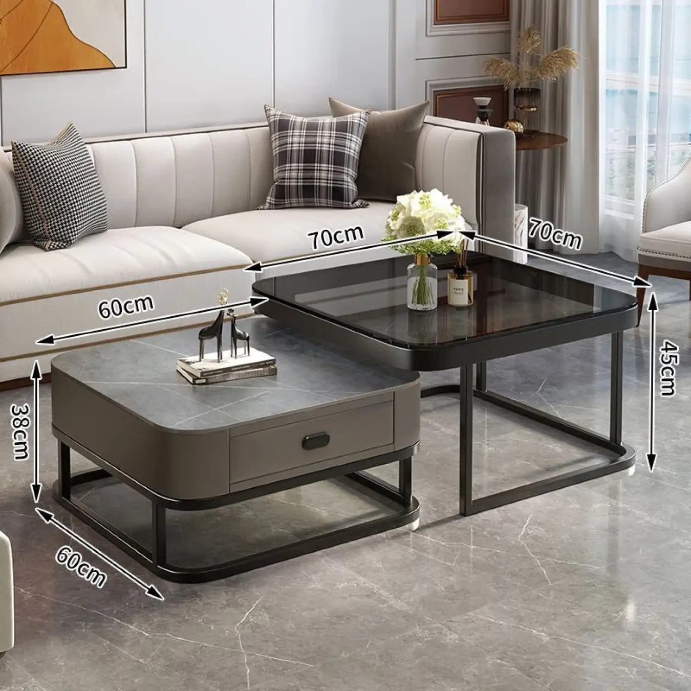 2-Pieces Square Coffee Table with Sintered Stone Top and Drawer Storage for LIvingroom frg-499