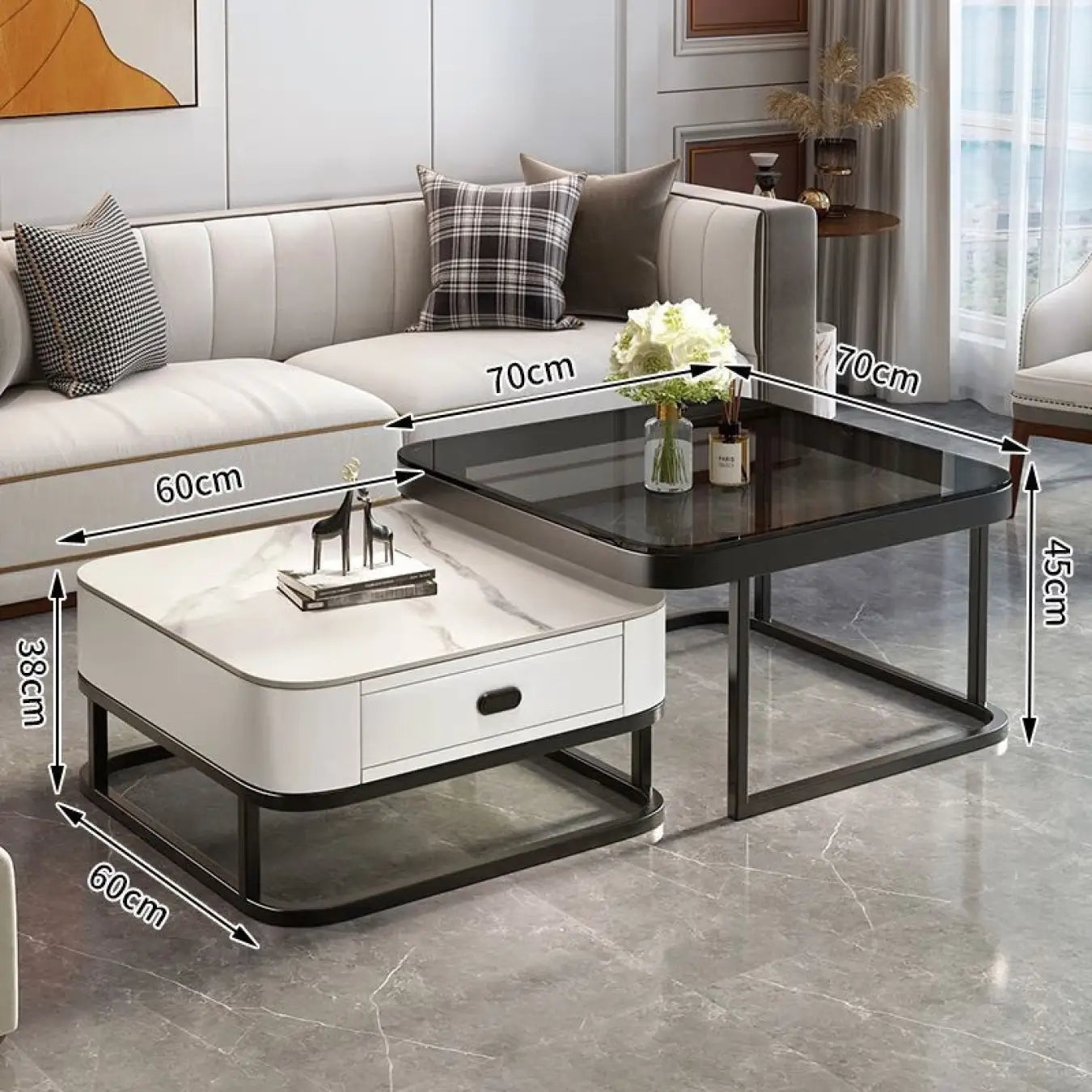 2-Pieces Square Coffee Table with Sintered Stone Top and Drawer Storage for LIvingroom frg-499