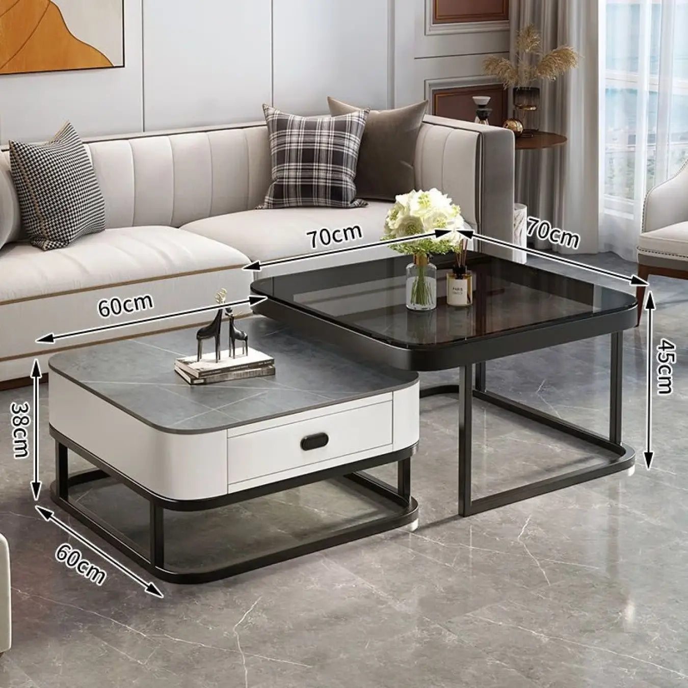 2-Pieces Square Coffee Table with Sintered Stone Top and Drawer Storage for LIvingroom frg-499