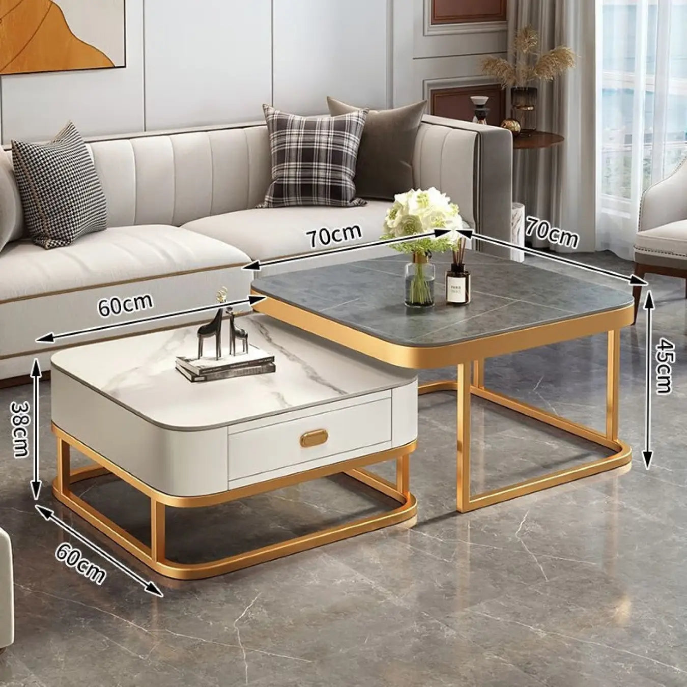 2-Pieces Square Coffee Table with Sintered Stone Top and Drawer Storage for LIvingroom frg-499