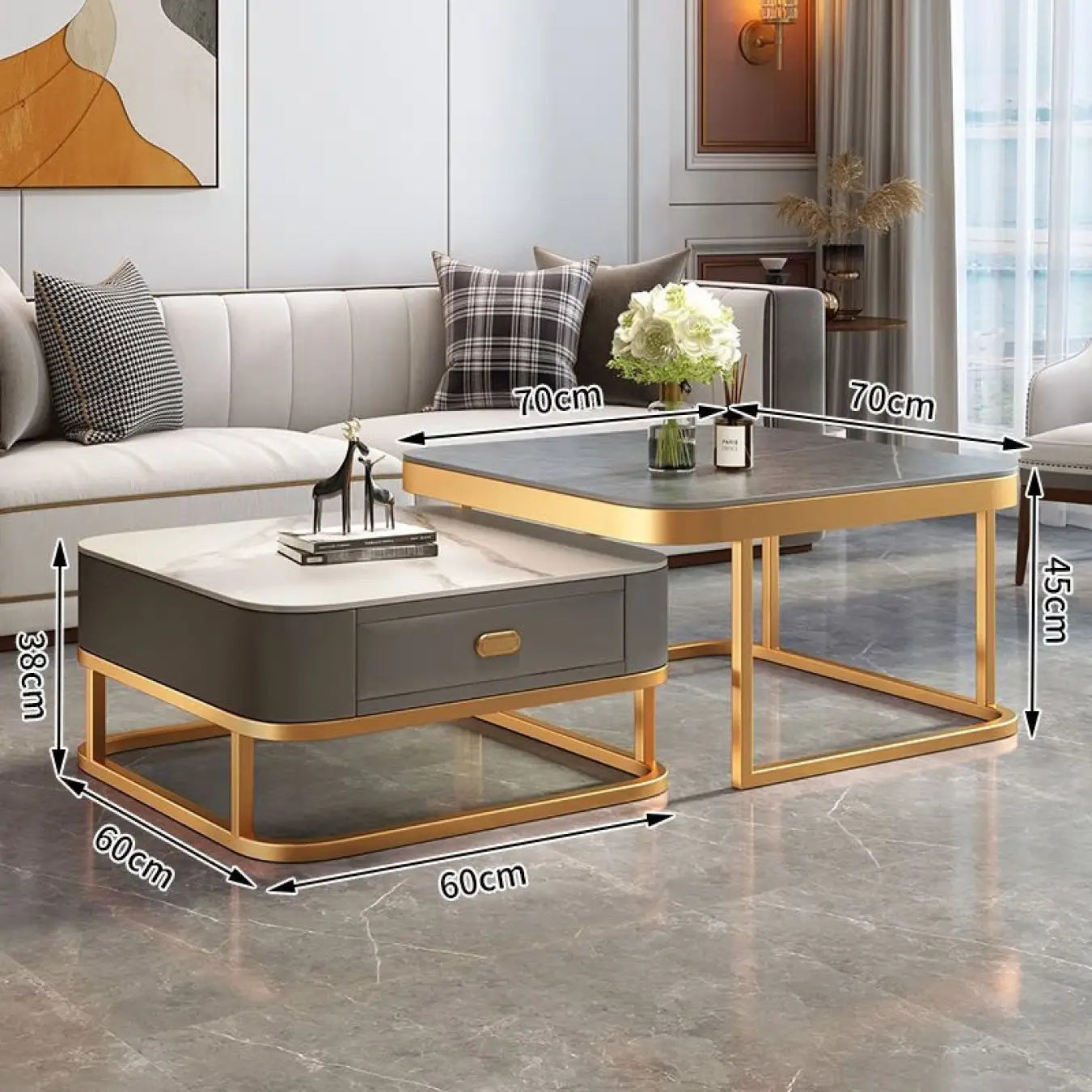 2-Pieces Square Coffee Table with Sintered Stone Top and Drawer Storage for LIvingroom frg-499