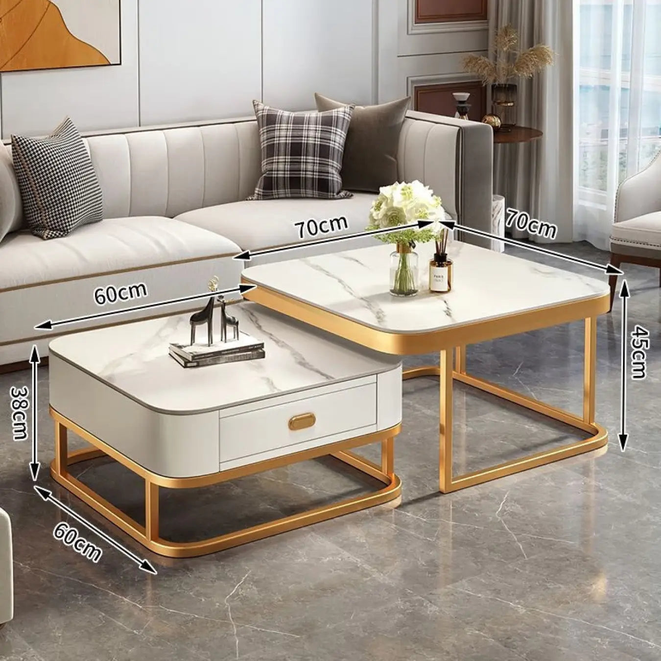 2-Pieces Square Coffee Table with Sintered Stone Top and Drawer Storage for LIvingroom frg-499