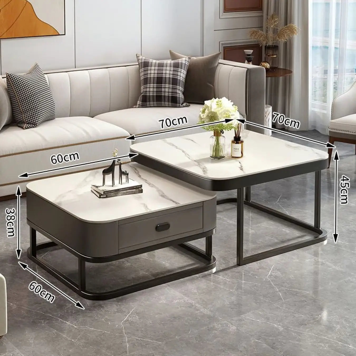 2-Pieces Square Coffee Table with Sintered Stone Top and Drawer Storage for LIvingroom frg-499