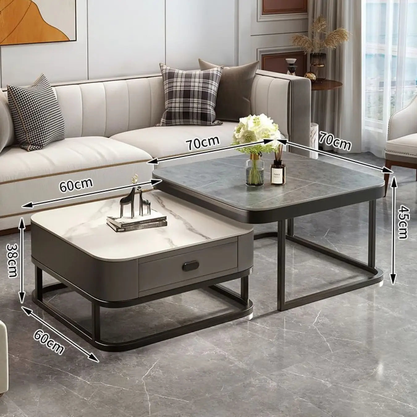 2-Pieces Square Coffee Table with Sintered Stone Top and Drawer Storage for LIvingroom frg-499