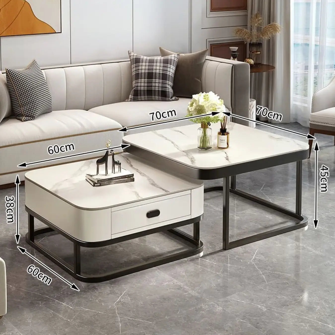 2-Pieces Square Coffee Table with Sintered Stone Top and Drawer Storage for LIvingroom frg-499