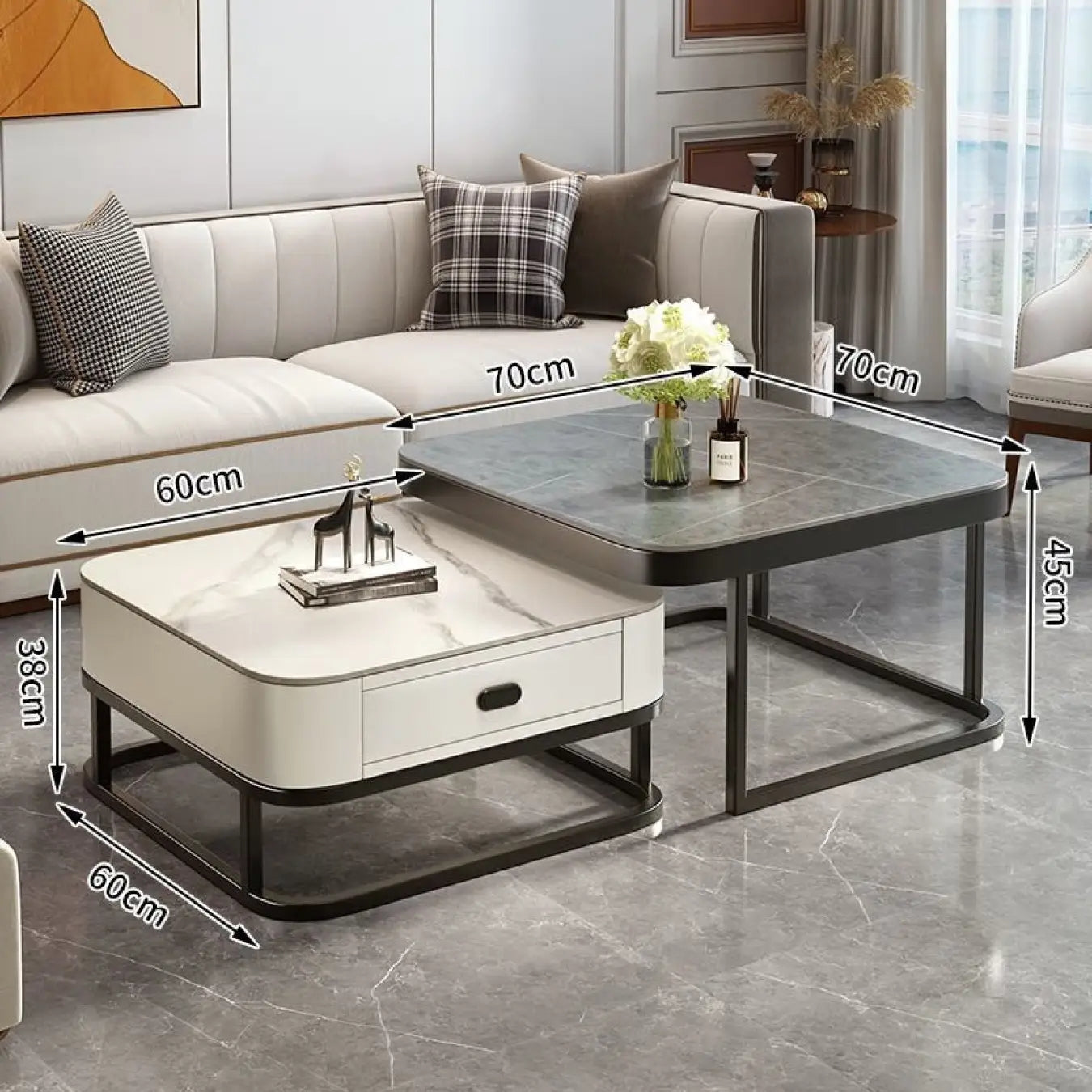 2-Pieces Square Coffee Table with Sintered Stone Top and Drawer Storage for LIvingroom frg-499