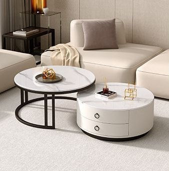 2-Pieces Sintered Stone Round Coffee Table with Metal Legs - Modern design with Storage frg-502