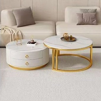 2-Pieces Sintered Stone Round Coffee Table with Metal Legs - Modern design with Storage frg-502