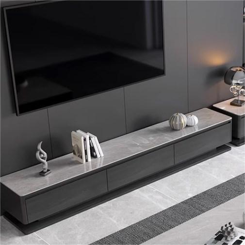 Stylish TV Cabinet with White Grey Marble Top, Pine Wood & Metal Frame faml-697