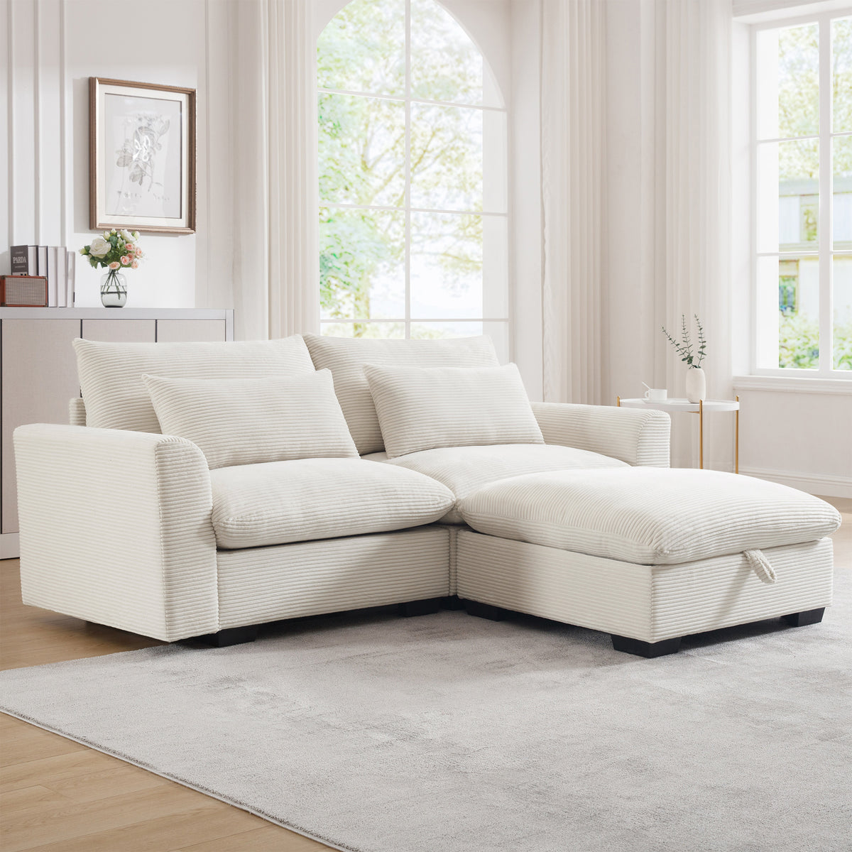 Sectional Sofa Comfy Corduroy Couch for Living Room with Pillows and Round Armrests, Modern Corduroy Sofa Sleeper Deep Couches with Storage Ottoman (Beige, 2-Seat)