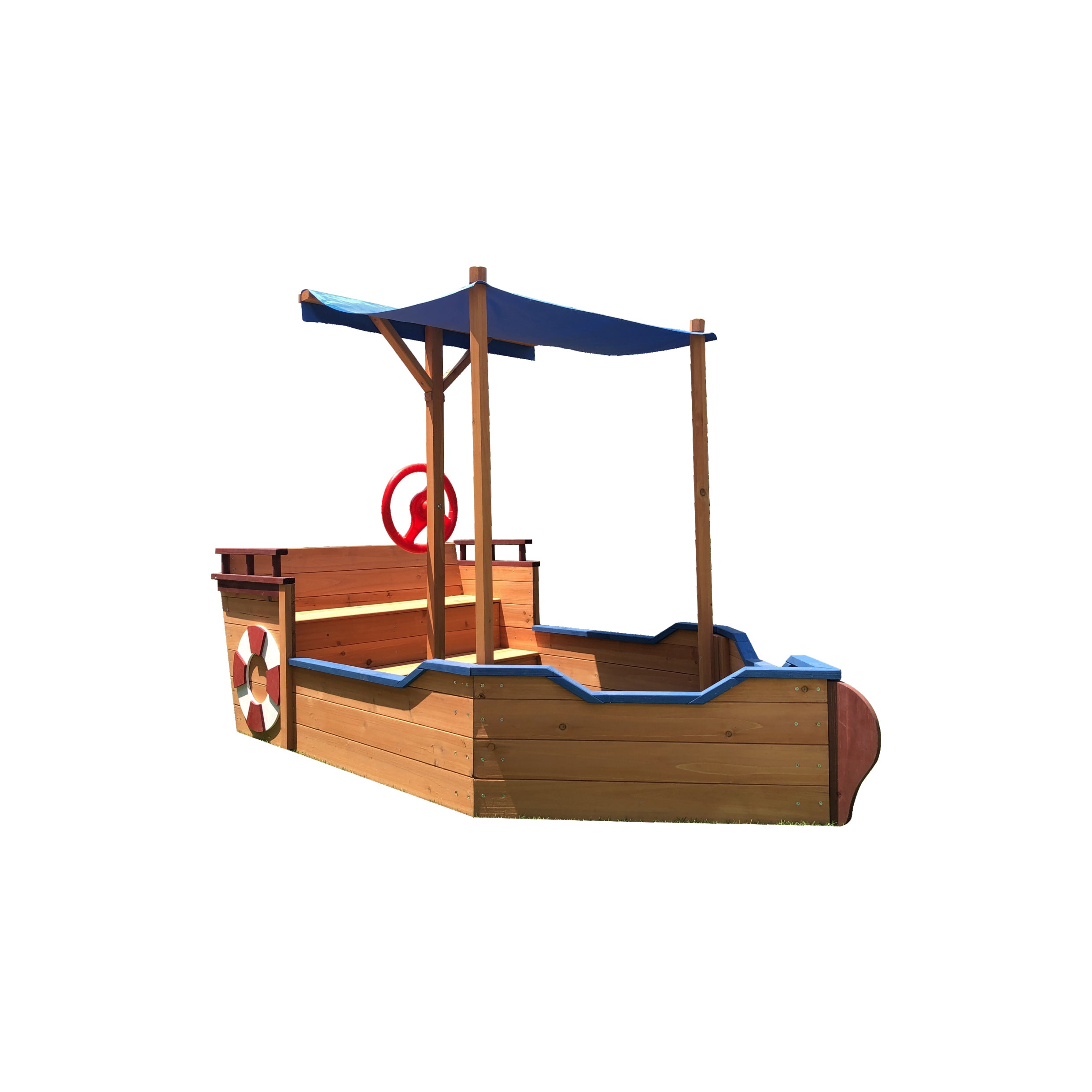 Wooden Pirate Ship Sandbox with Cover & Storage Bench for Kids