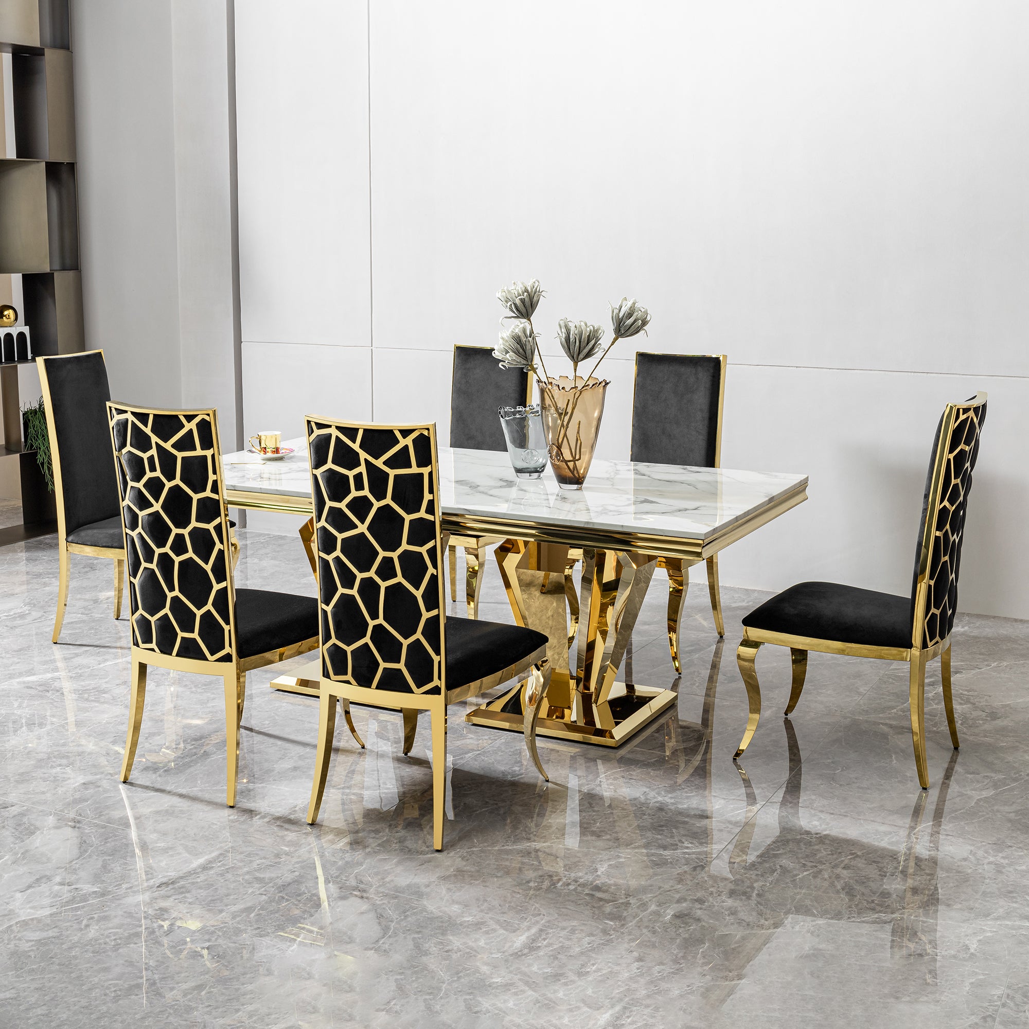 Rectangular Dining Table with Gold Polished Stainless Steel Base & MDF Marble Top for 6 - 8