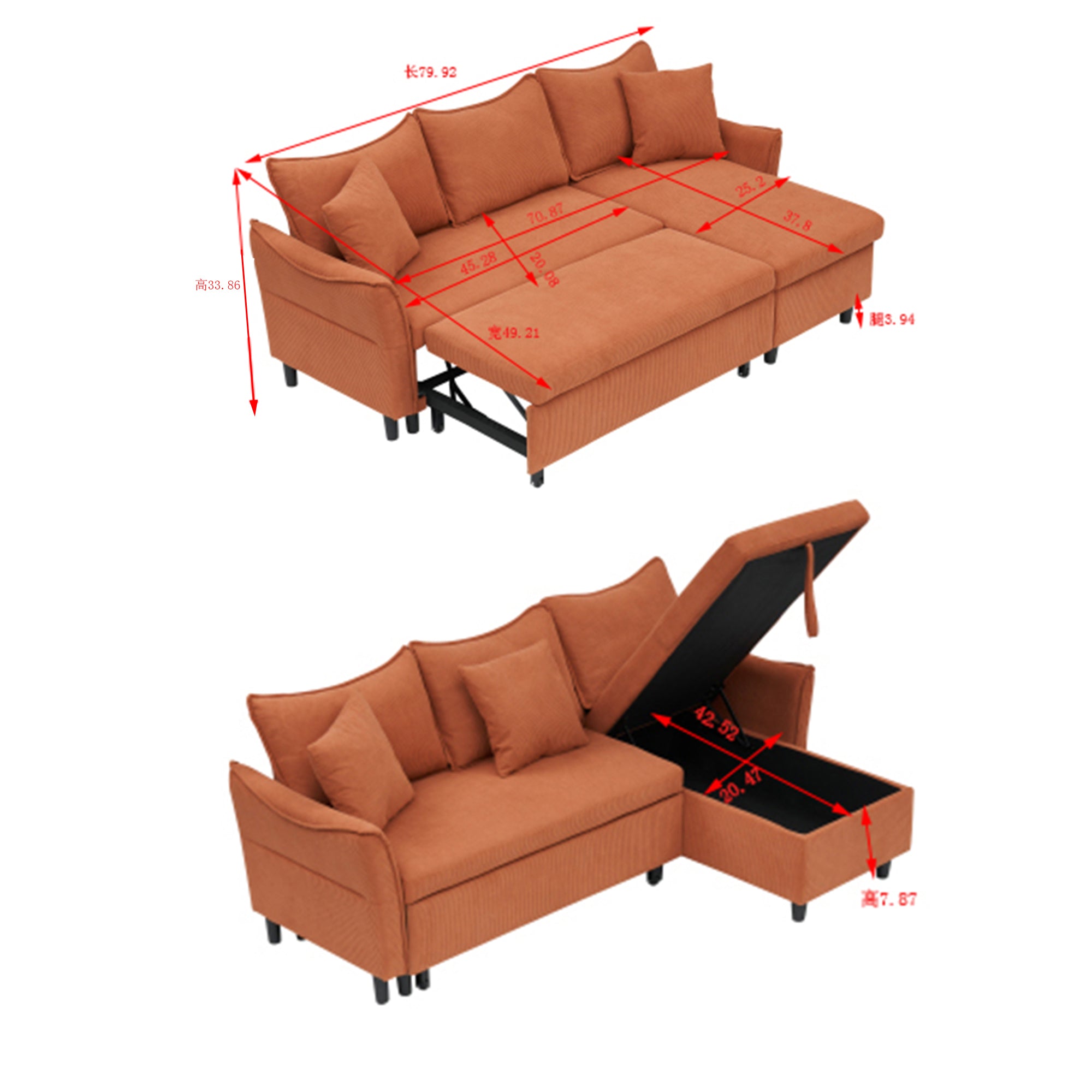 80" Orange Corduroy 3-Seater Sofa Bed With Two Small Pillows - Pull-Out Sofa With Storage For Living Room