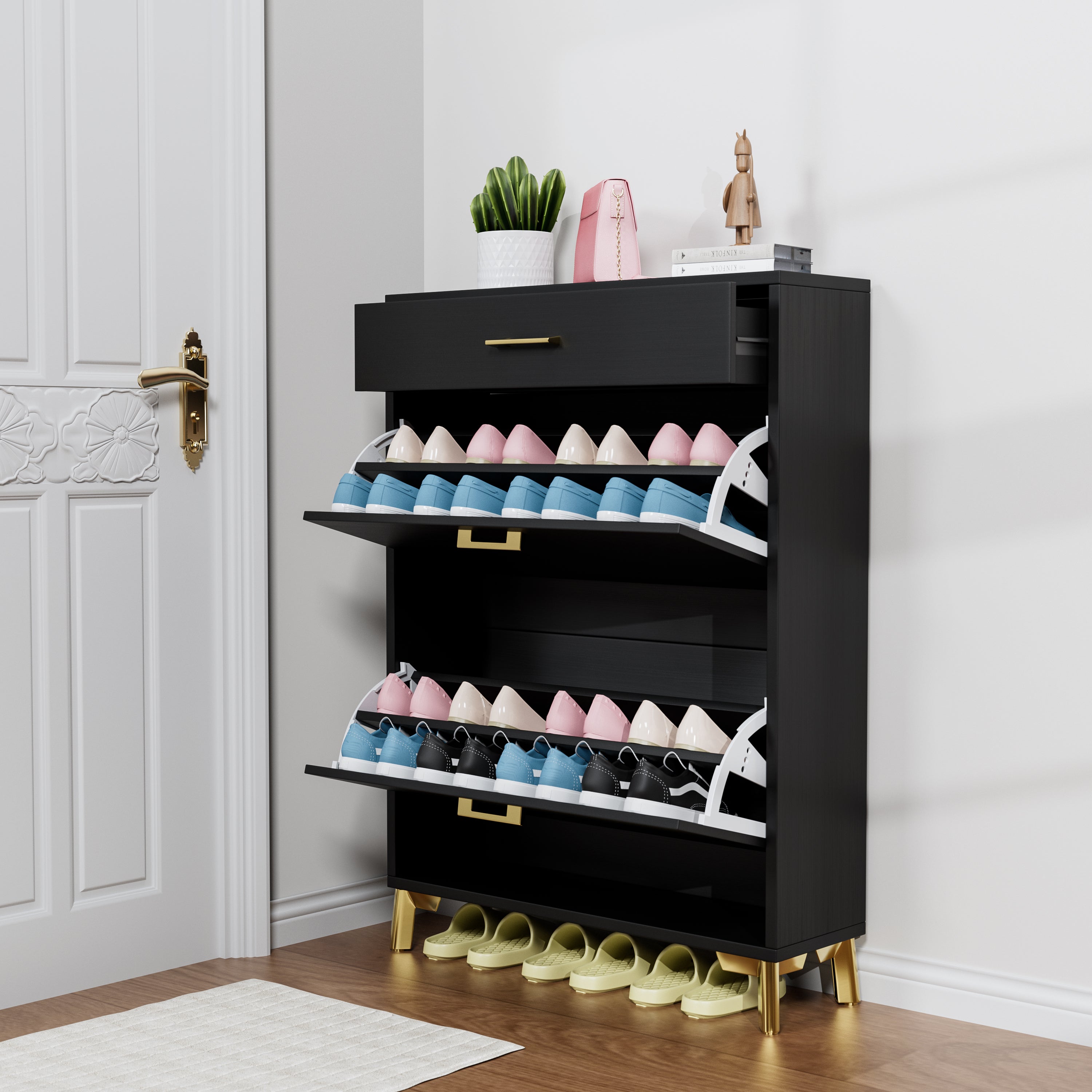 Freestanding Shoe Storage Cabinet with 2 Flip Drawers, Hidden Shoe Organizer for Entryway, Hallway, and Closet, Black