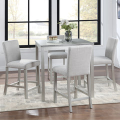 5 Piece Counter Height Table Set, Wooden Kitchen Table Set with Square Table and 4 Upholstered Chairs, Counter Height Dining Table with Crystal Decoration and Chair Set, Silver grey