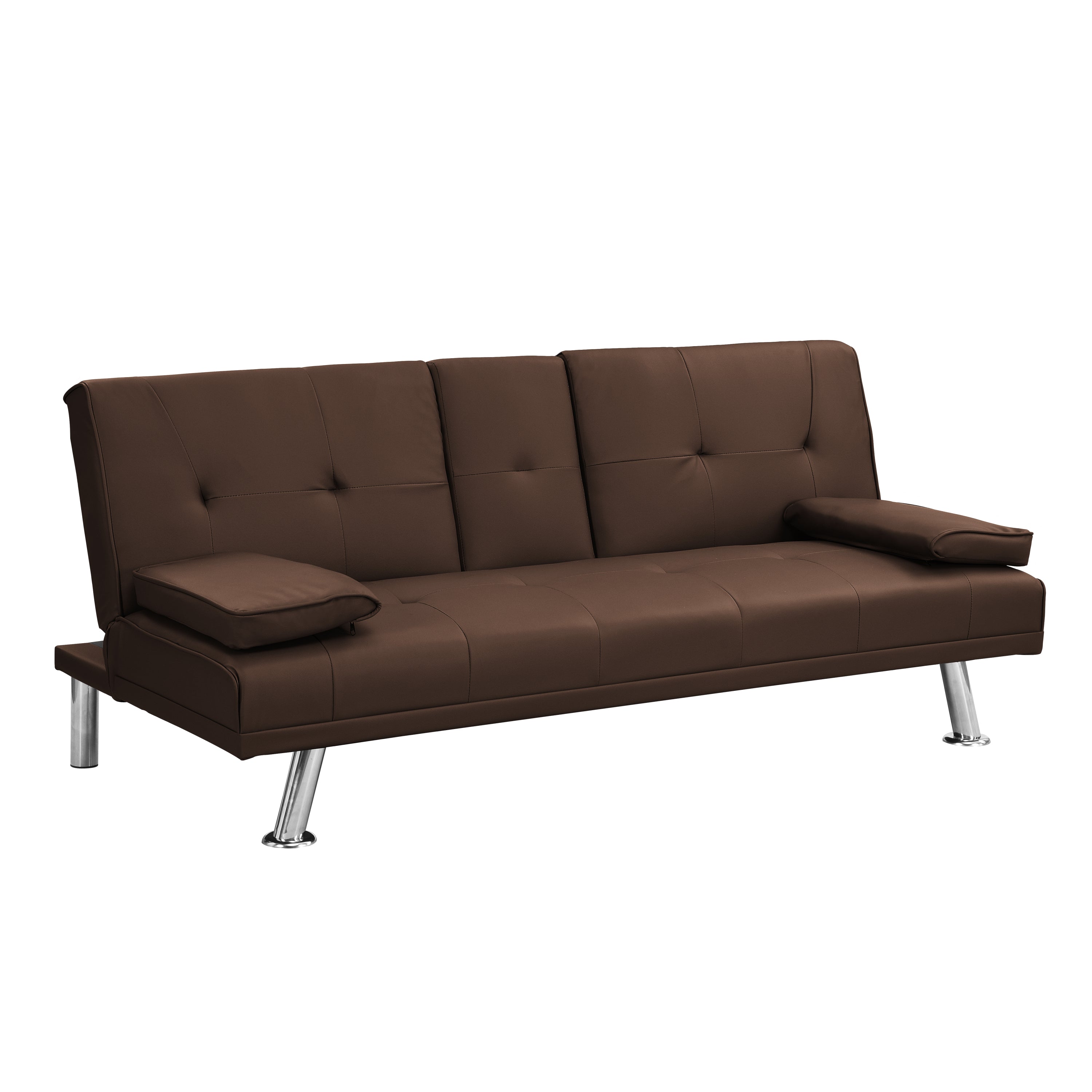 Sofa Bed with Armrest two holders  WOOD FRAME, STAINLESS LEG, FUTON BROWN  PVC