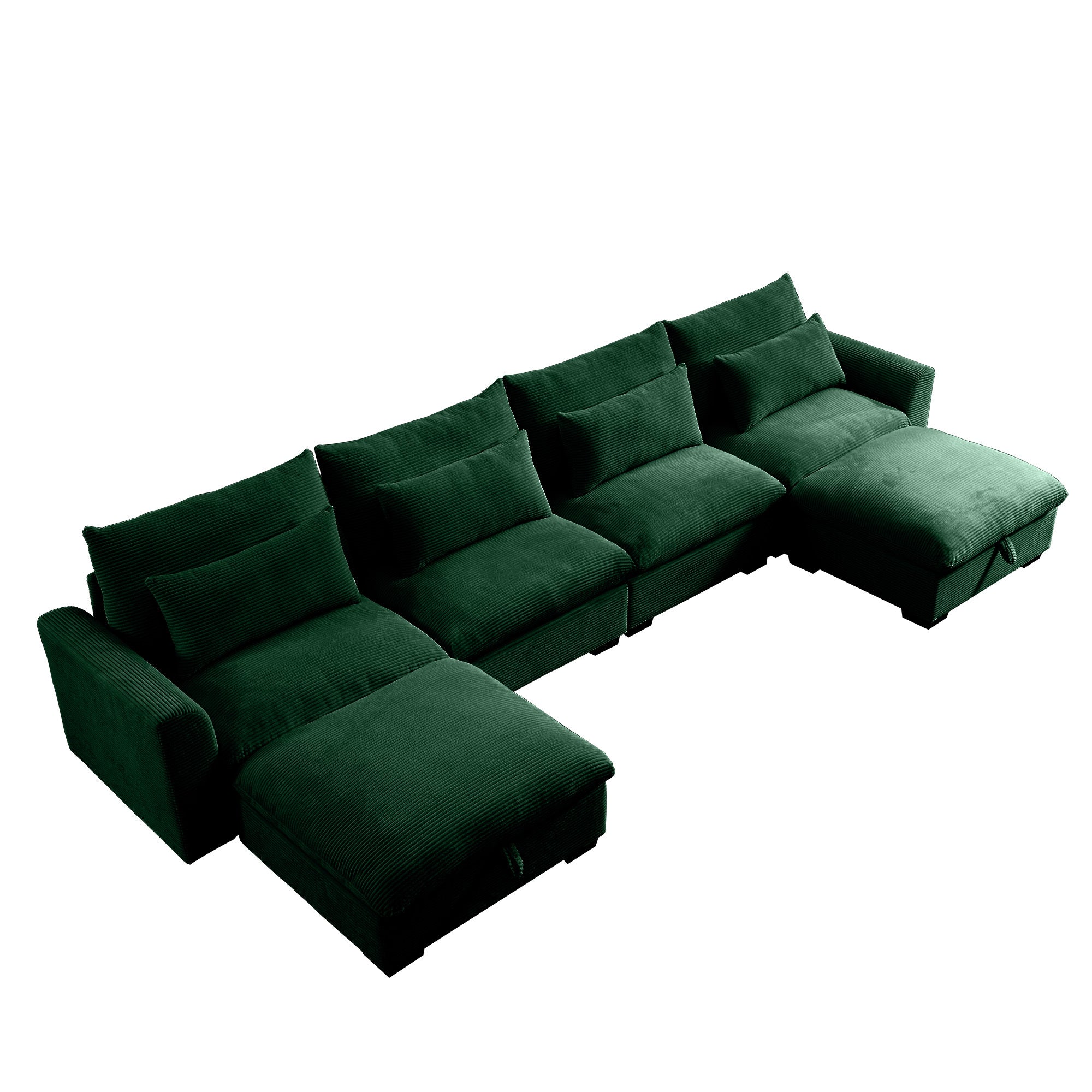 Big Deep Seat U-Shaped Corduroy Sectional Couches for Living Room, 4 Seater Sofa Couch with 2 Storage Footstool and 4 Waist Pillows (Corduroy, Green)