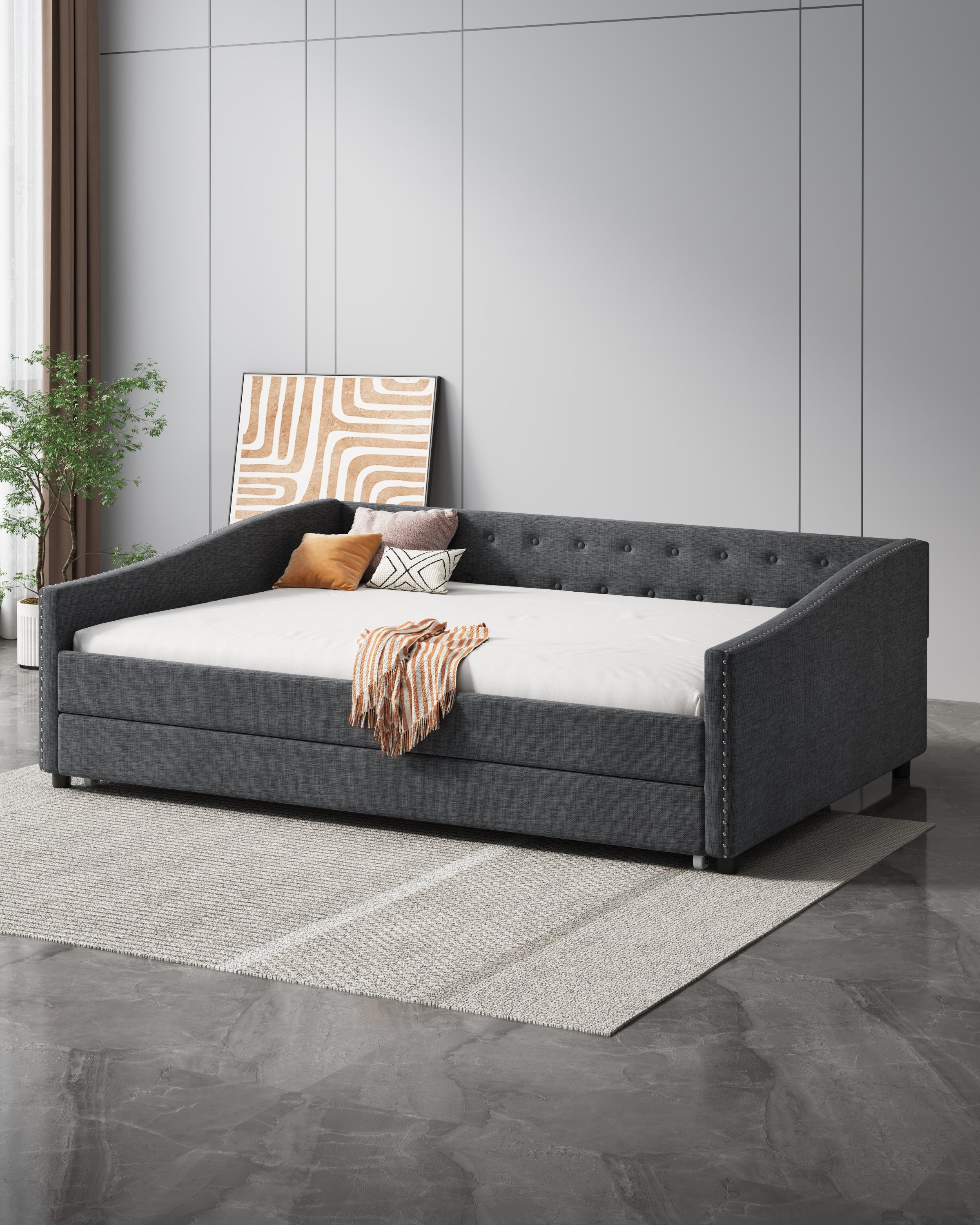 Full Size Daybed with Twin Size Trundle Upholstered Tufted Sofa Bed, with Button on Back and Copper Nail on Waved Shape Arms-Dark Grey