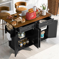 K&K 53.5''Farmhouse Kitchen Island with Drop Leaf, Spice Rack and Drawer, Rolling Kitchen Cart on Wheels, Black