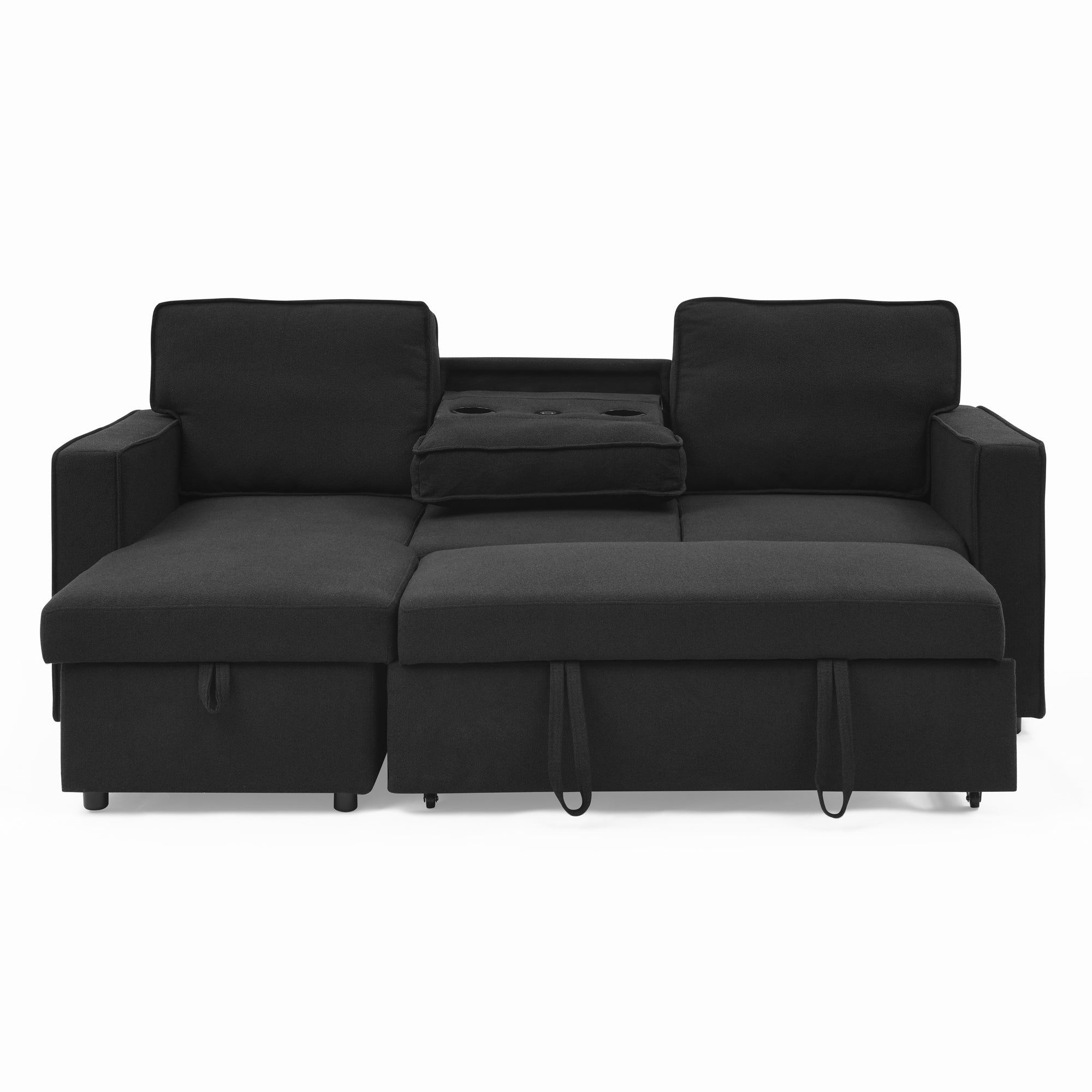 Linen Upholstered Sleeper Sectional Sofa, Shaped Modular Convertible Sofa with Storage Chaise,There are two cup holders in the middle and USB multi-interface function,Pull Out Sleep Couch Bed ,Black