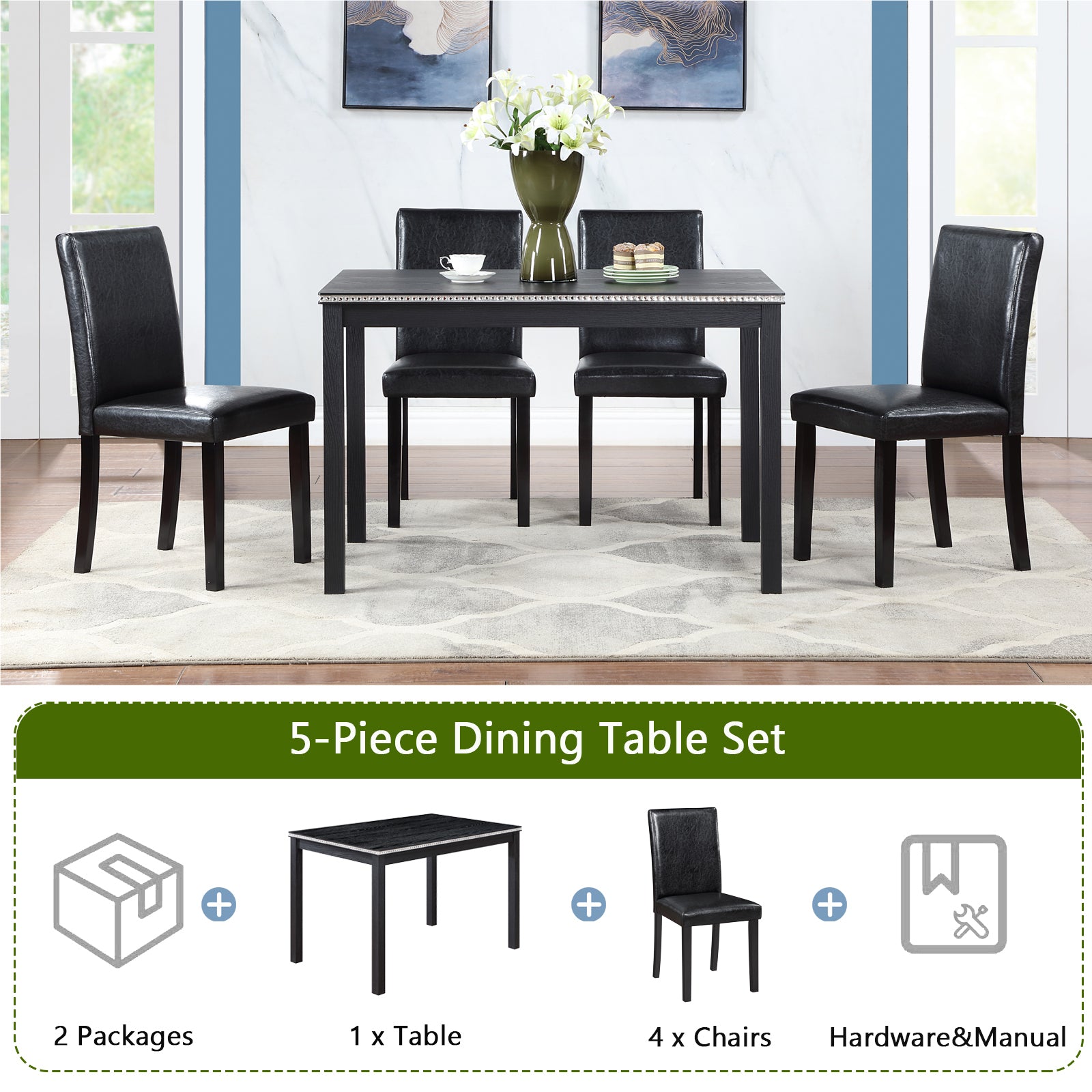 5 Piece Wooden Dining Table Set, Kitchen Table Set with a Rectangular Table and 4 Upholstered Chairs, Wooden Dining Room Table with Crystal Decoration and Chairs Set for Kitchen, Dining Room, Black