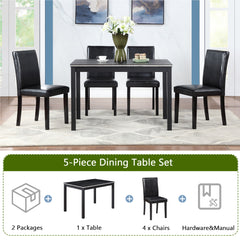 5 Piece Wooden Dining Table Set, Kitchen Table Set with a Rectangular Table and 4 Upholstered Chairs, Wooden Dining Room Table with Crystal Decoration and Chairs Set for Kitchen, Dining Room, Black