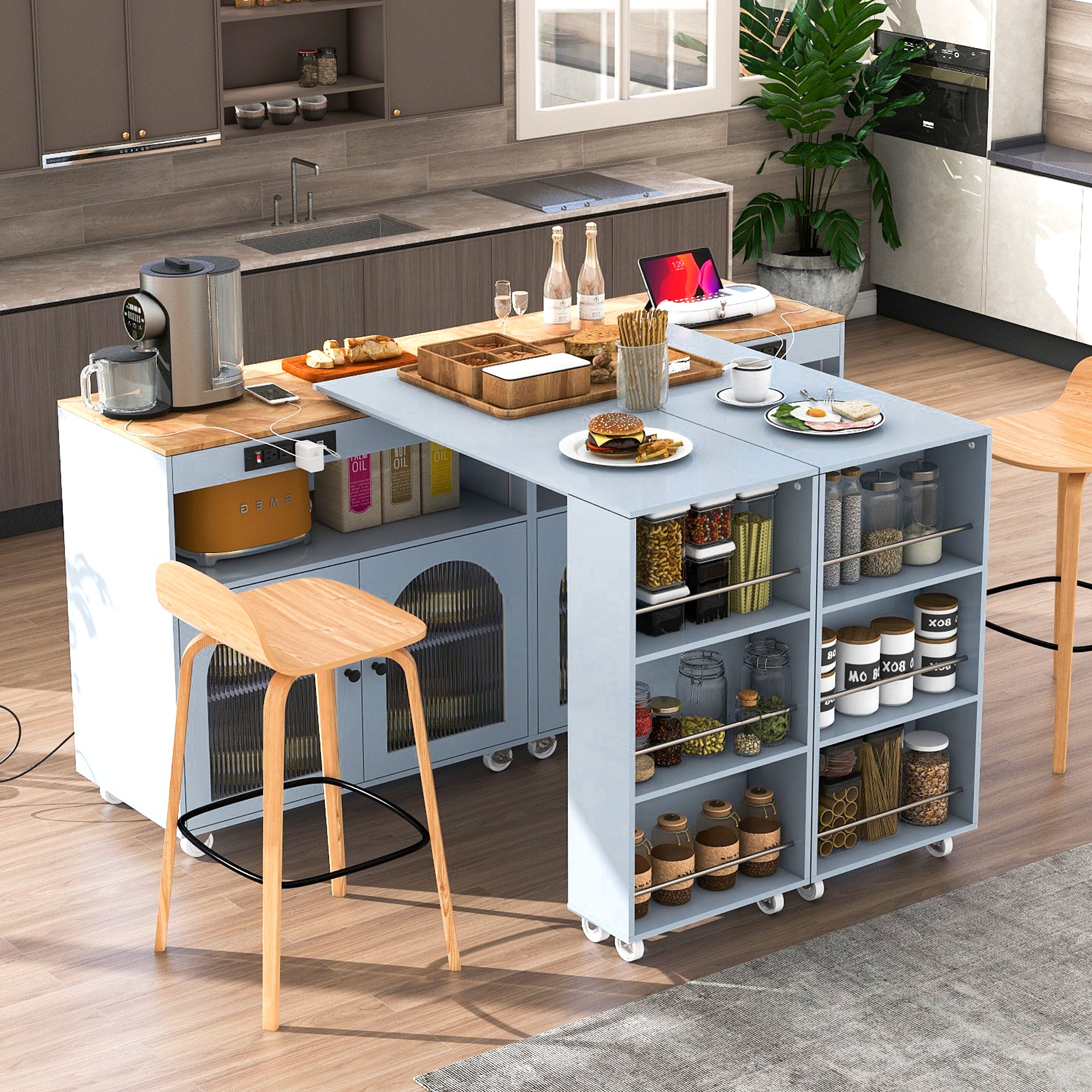 K&K Rolling Kitchen Island With Extended Table, Kitchen Island and 2 Fluted Glass Doors, Grey