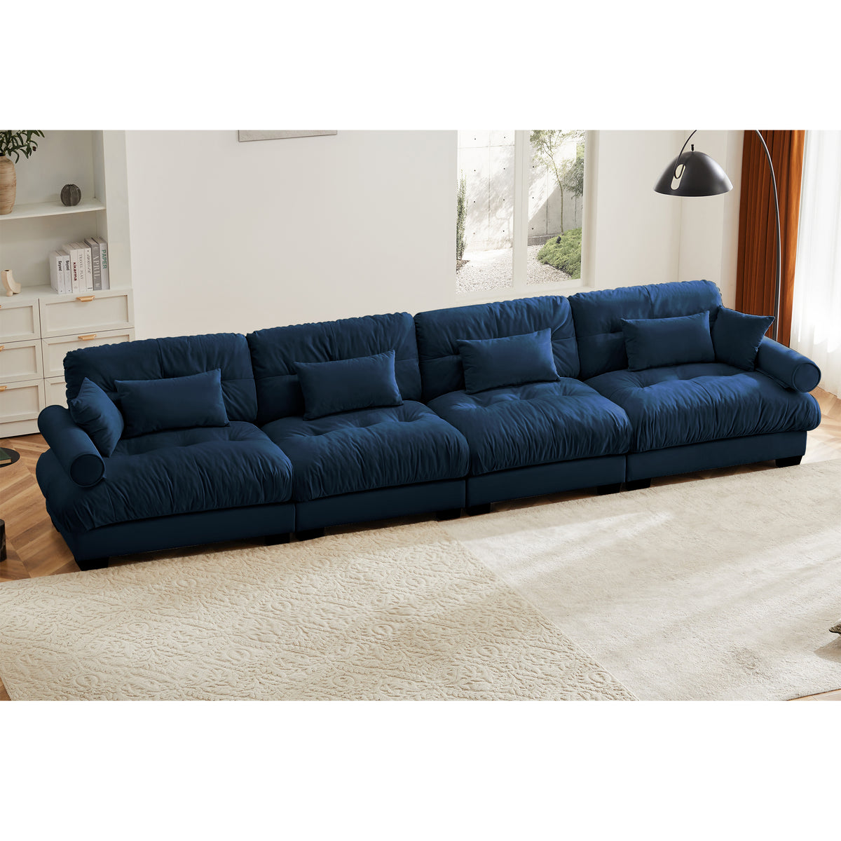 Oversized 4-Seater Velvet Sectional Sofa with Ottoman, Deep Seat Cloud Couch for Living Room, Blue