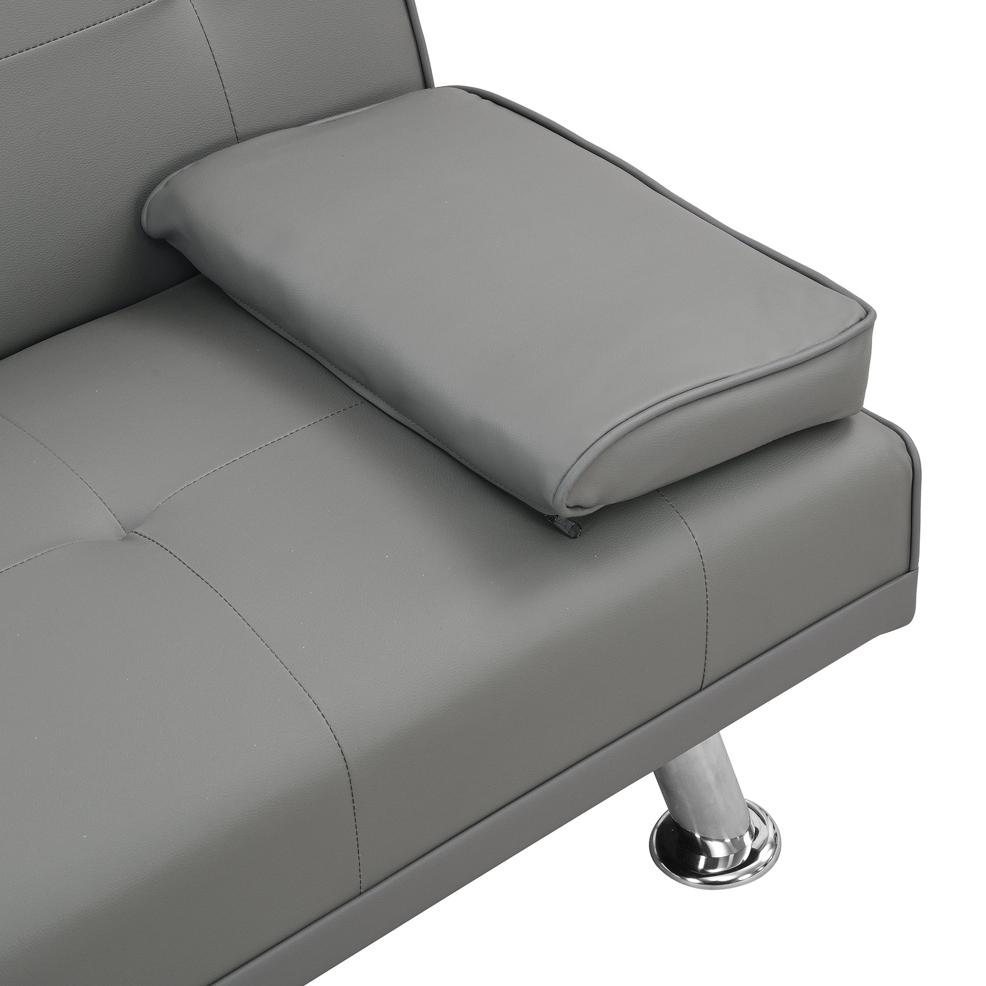 sofa bed with Armrest two holders  WOOD FRAME, STAINLESS LEG, FUTON GREY PVC