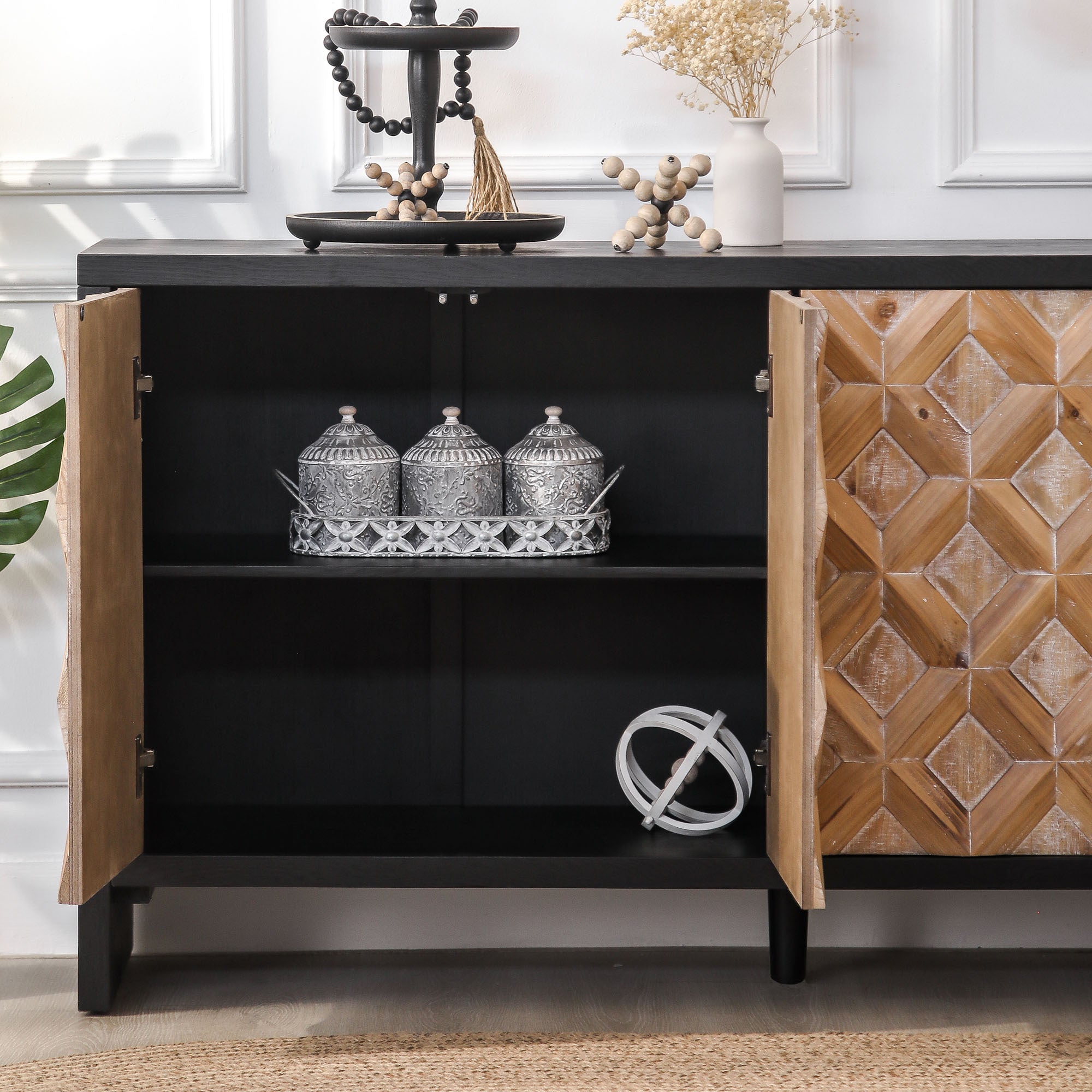 Rustic 4-Door Wood Cabinet with Geometric Pattern – Modern Storage Solution for Any Space