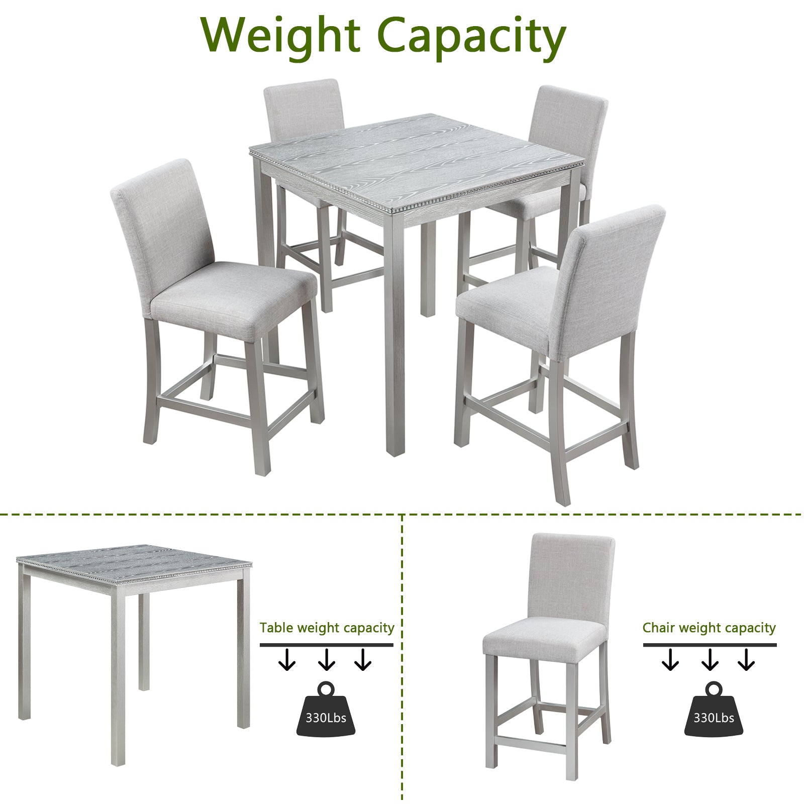 5 Piece Counter Height Table Set, Wooden Kitchen Table Set with Square Table and 4 Upholstered Chairs, Counter Height Dining Table with Crystal Decoration and Chair Set, Silver grey