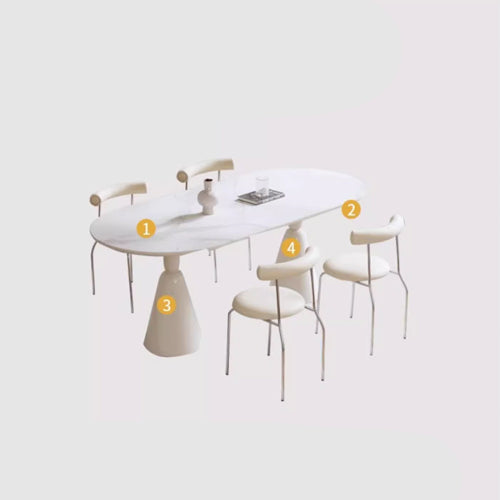 Minimalistic Oval Wooden Dining Table - Sintered Stone Top & Double Pedestals jh-078