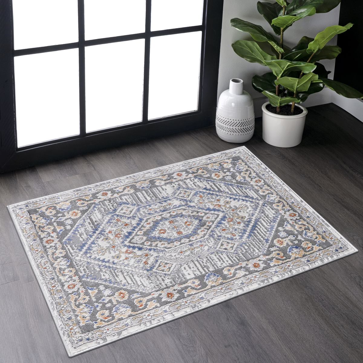 2x3 Bordered Area Rug Blue Cream Non-Shedding Stain Resistant Accent Carpet for Entryway Bedroom Living Room