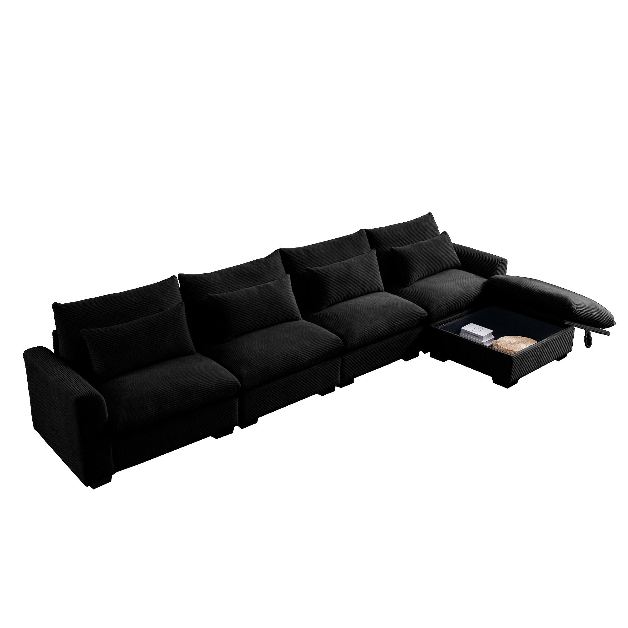 Large L Shape Sectional Corduroy Sofa,Deep Seat Couch with Storage Footstool and 4 Waist Pillows, Black