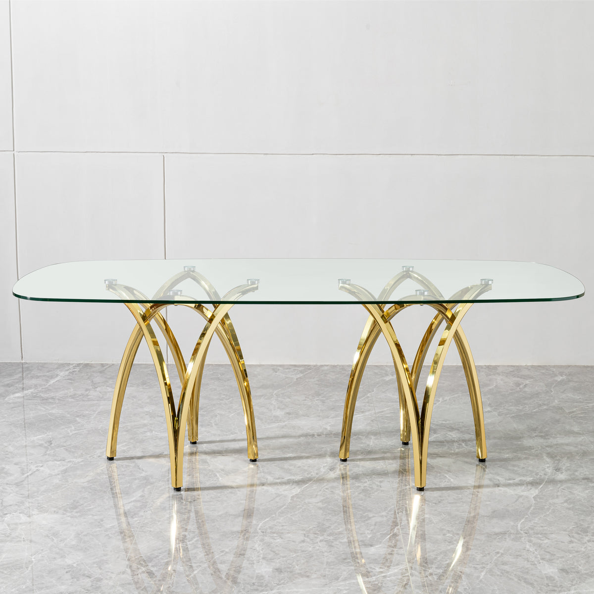 0.47" Thick Tempered Glass Rectangular Dining Table with Gold Stainless Steel Base