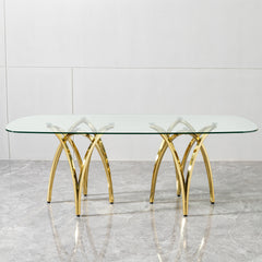 0.47" Thick Tempered Glass Rectangular Dining Table with Gold Stainless Steel Base