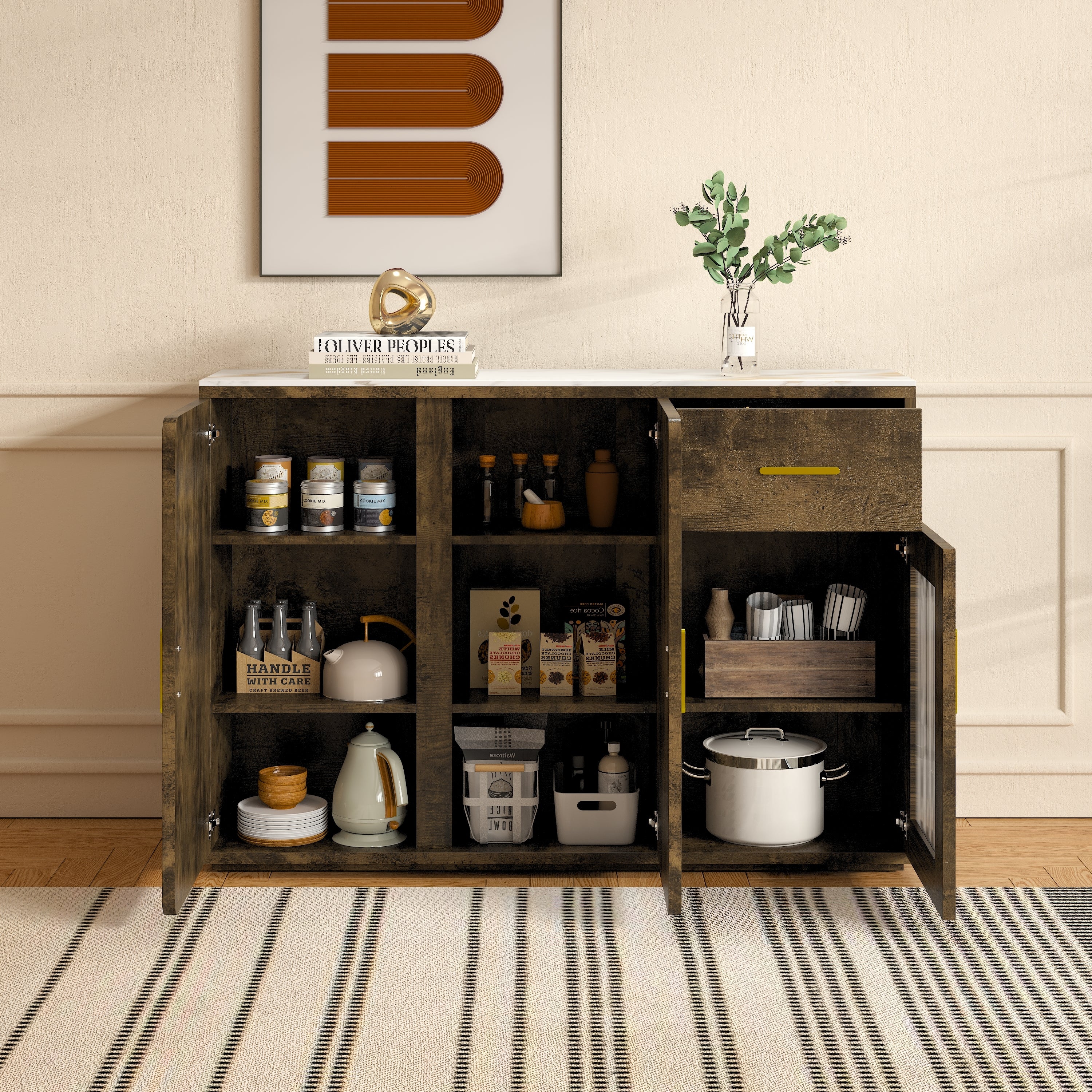 47.2" Black Brown Buffet with Storage Doors & Drawer - Functional Sideboard Design for Kitchen