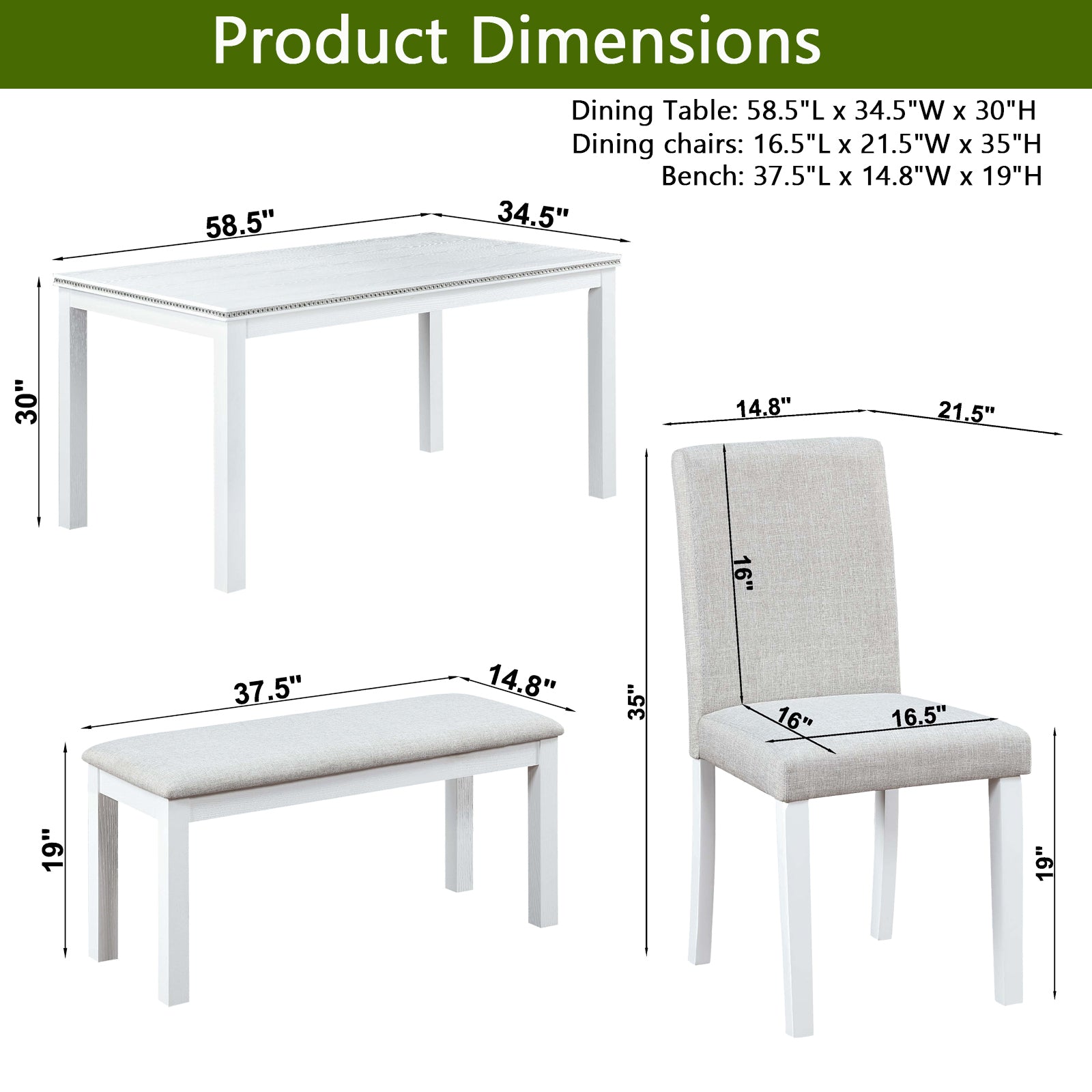 Wooden Dining Rectangular Table with Bench, Kitchen Table with Bench for Small Space, 6 Person Dining Table, White