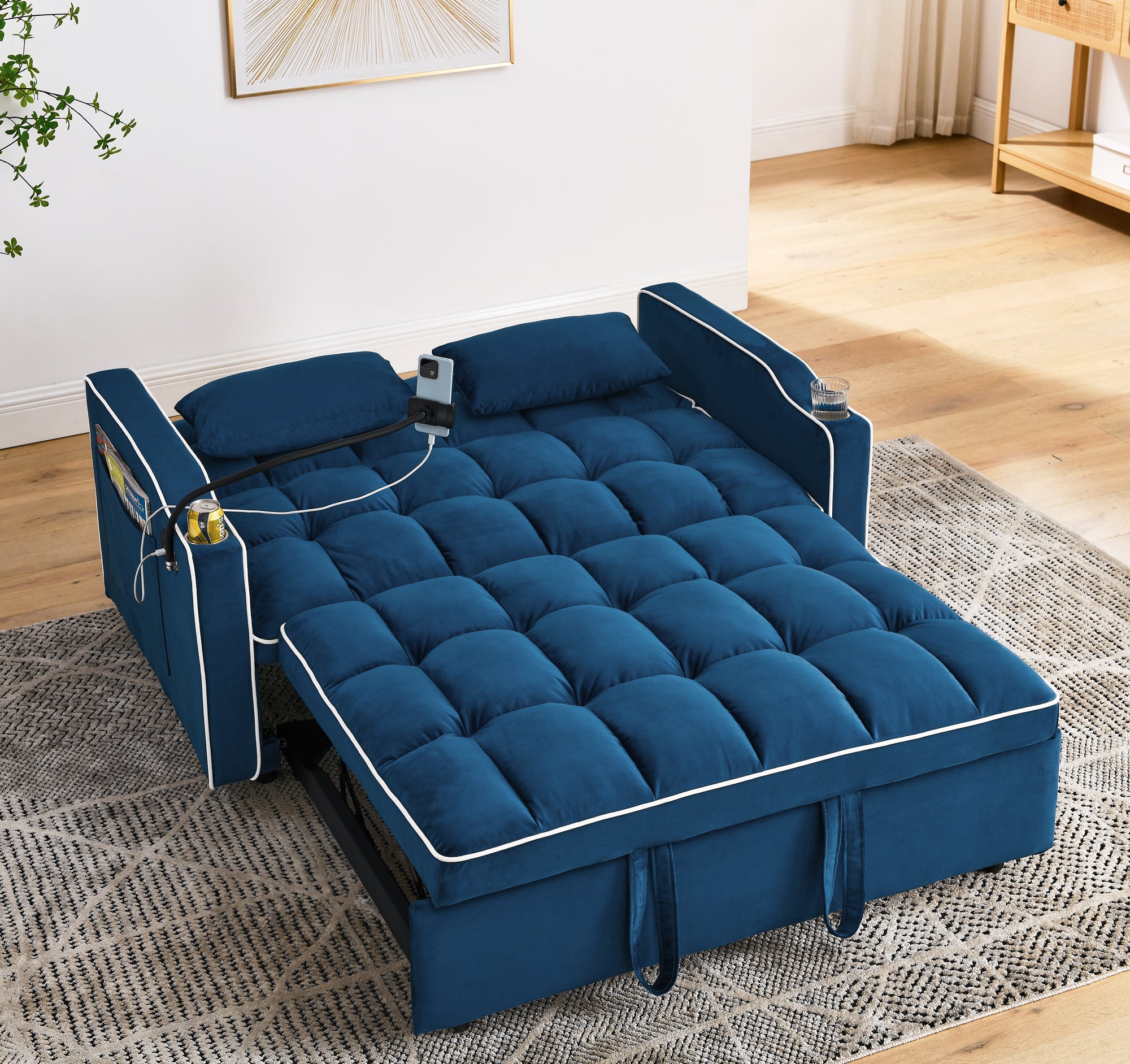 55.51" Foldable Velvet Sofa Bed with Adjustable Back, Pull-Out Design with USB Port, Ashtray, and Swivel Phone Stand, Blue