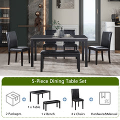 Wooden Dining Rectangular Table with Bench, Kitchen Table with Bench for Small Space, 6 Person Dining Table, Black